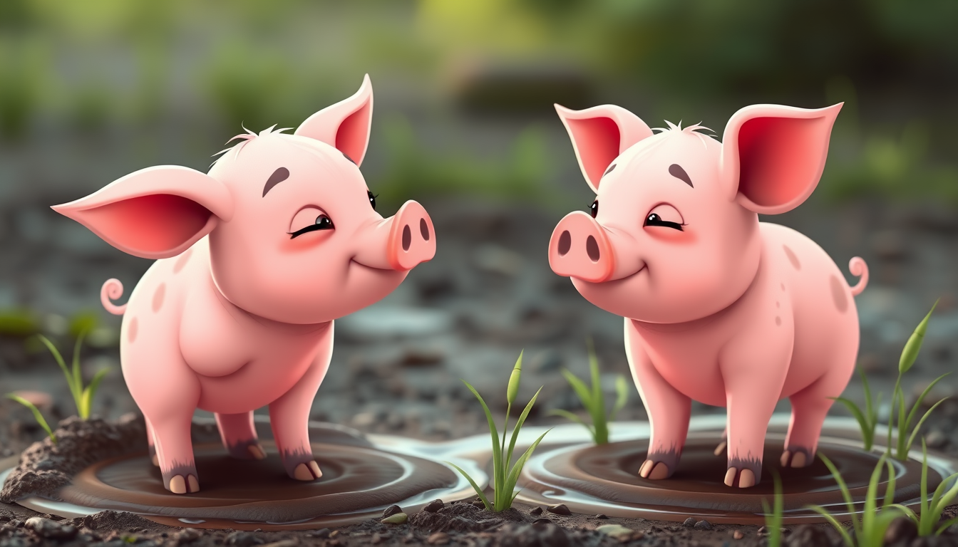 Main art studio: cartoon two cute pigs looking at each other standing in mud with some green weeds around them