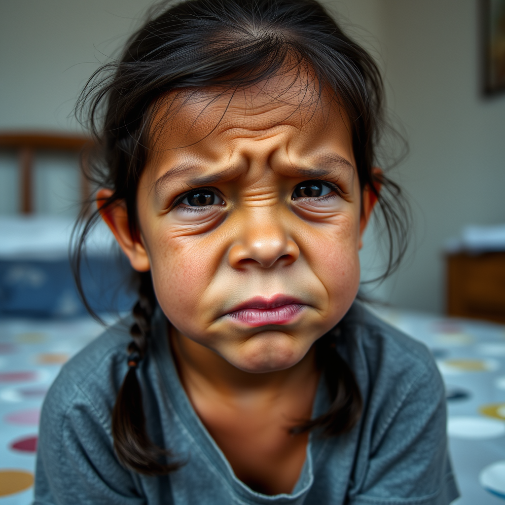 Main art studio: dark tanned 10 year old with girl dark brown hair sitting in a bedroom, head tilted down, very wrinkly, lots of wrinkles, wrinkled nose, wrinkles all 