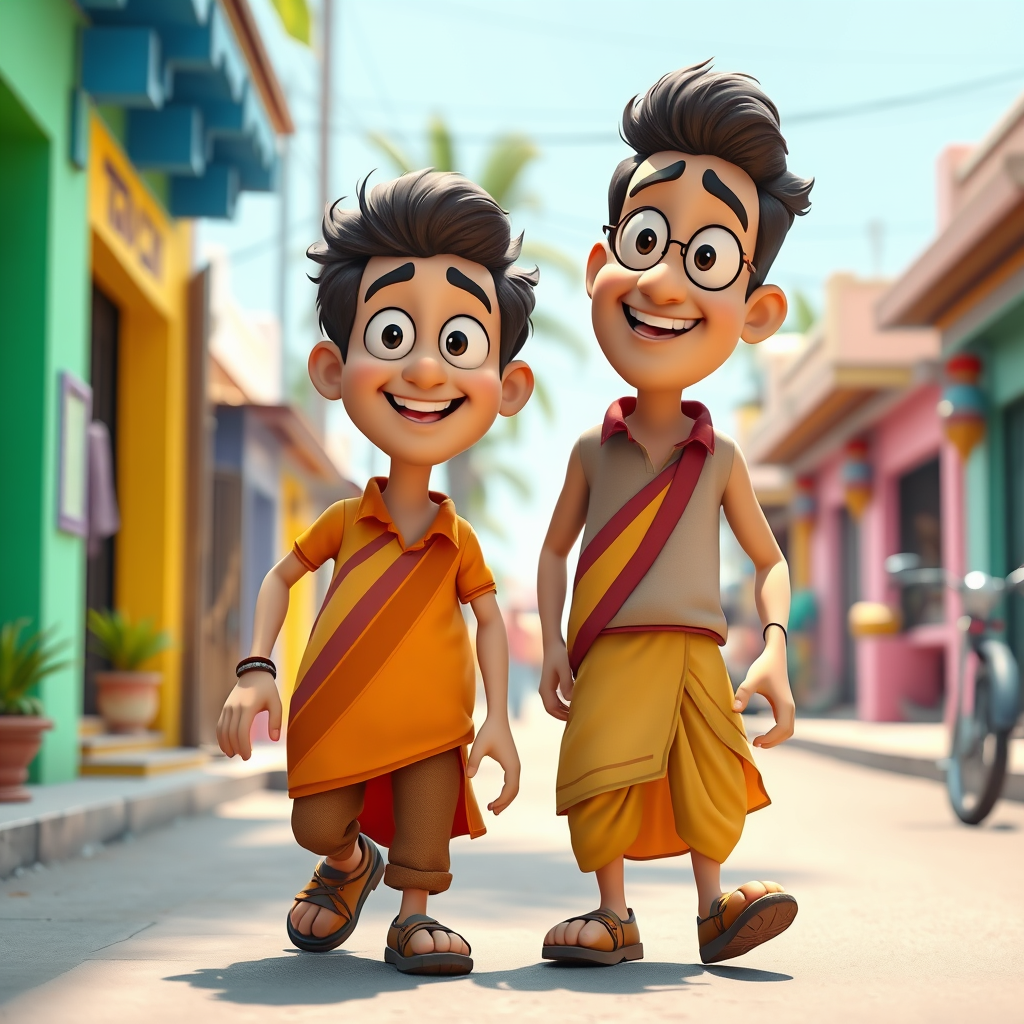 Main art studio: Create a funny 3D cartoon scene inspired by classic Indian slapstick cartoons. Two funny male cartoon friends, one short and chubby and the other tall