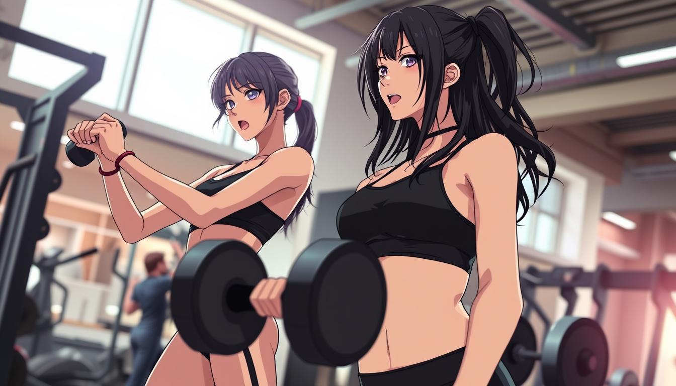 Main art studio: Mikasa Ackerman and Yoruichi Shihōin as glamorous adult fitness influencers during an intense workout in a realistic modern commercial gym. Demon Slay