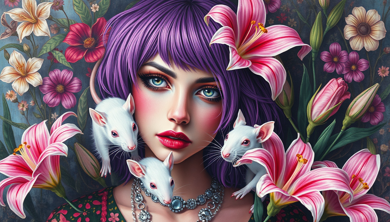 Main art studio: Create a canvas painting: vibrant, artsy, funky and pattern-loving, with pinky-purple as her signature color and purple hair. Include lilies, her thre