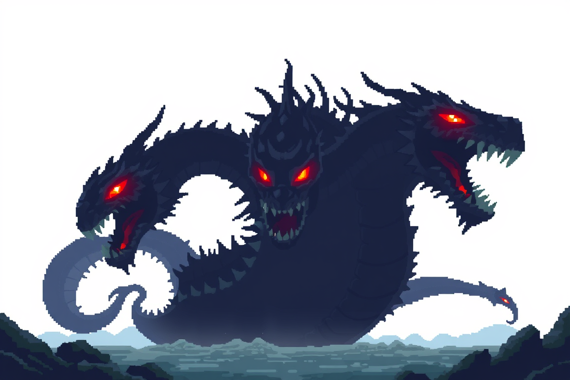 Main art studio: An ancient monster sealed away beneath the final island. Three deadly heads Art style: 96×96 or 128×128 pixel art, three serpent heads glowing red eye