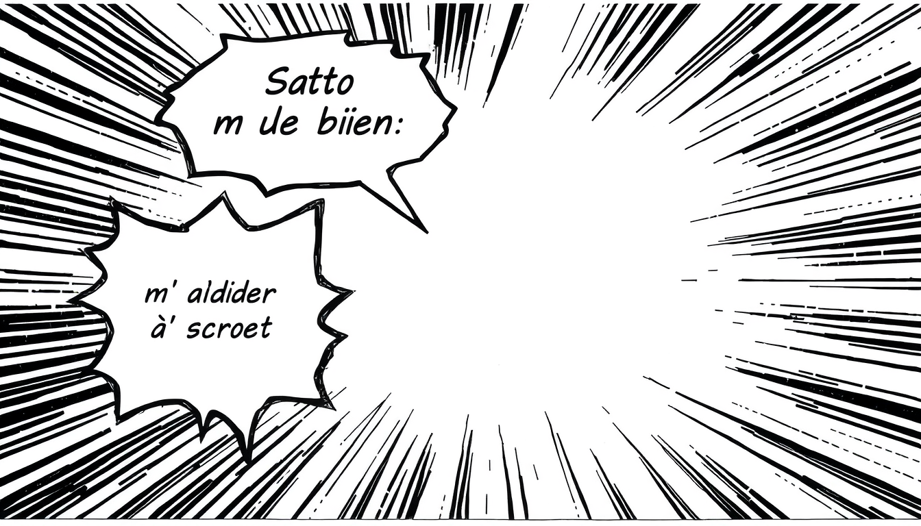 AI Comic idea created from the prompt: comic panel, bold inks, halftone shading, speech-bubble ready composition, Salut, tu veux bien m'aider à créer une B.D. , dynamic comic illu