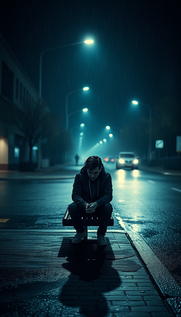 AI Art prompt example created from the prompt: A lonely young man sitting alone at night on a bench, looking down sadly, empty street, soft rain, dark blue atmosphere, cinematic lighting,