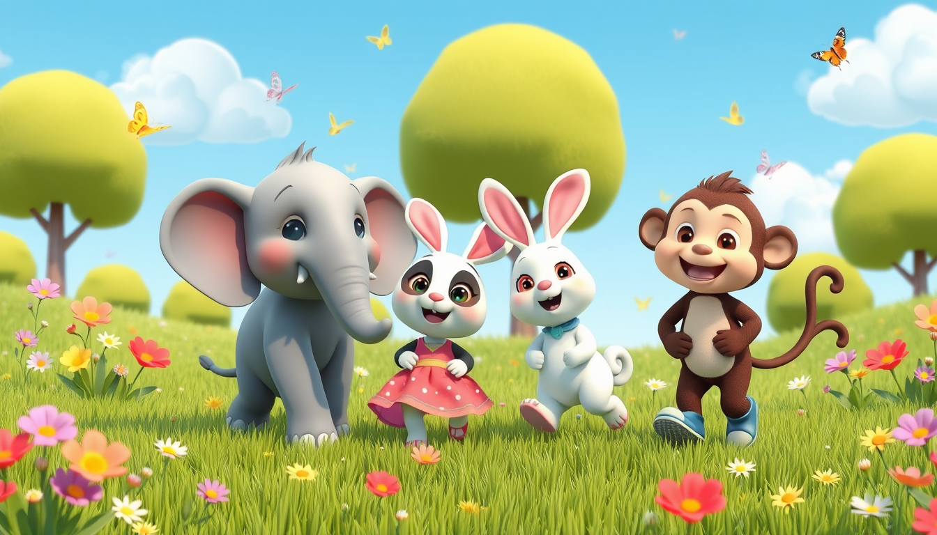 Main art studio: Use the uploaded reference sheet. Show Ellie the gray elephant, Luna the white bunny, Poco the panda, and Milo the brown monkey happily playing togeth