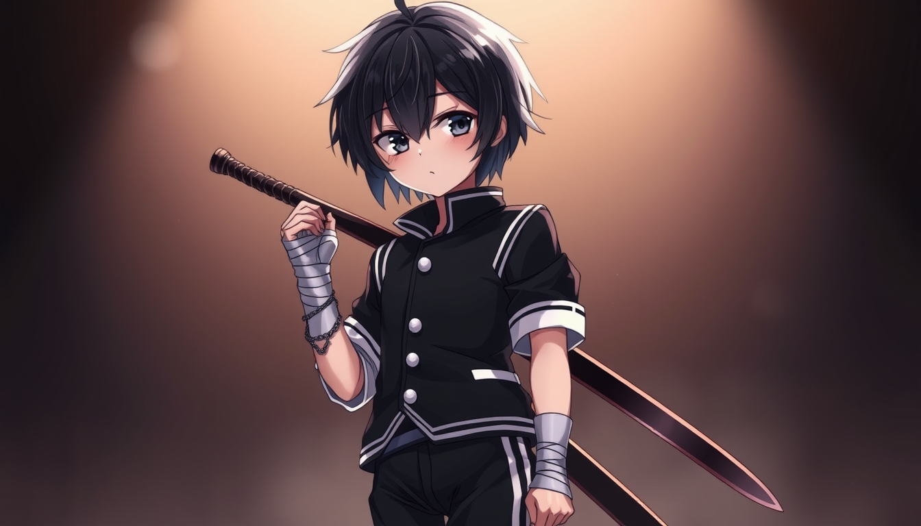 Main art studio: anime boy, mysterious and naive expression, short height, black iridescent hair, black eyes, wearing a simple black jacket with white trims, white but
