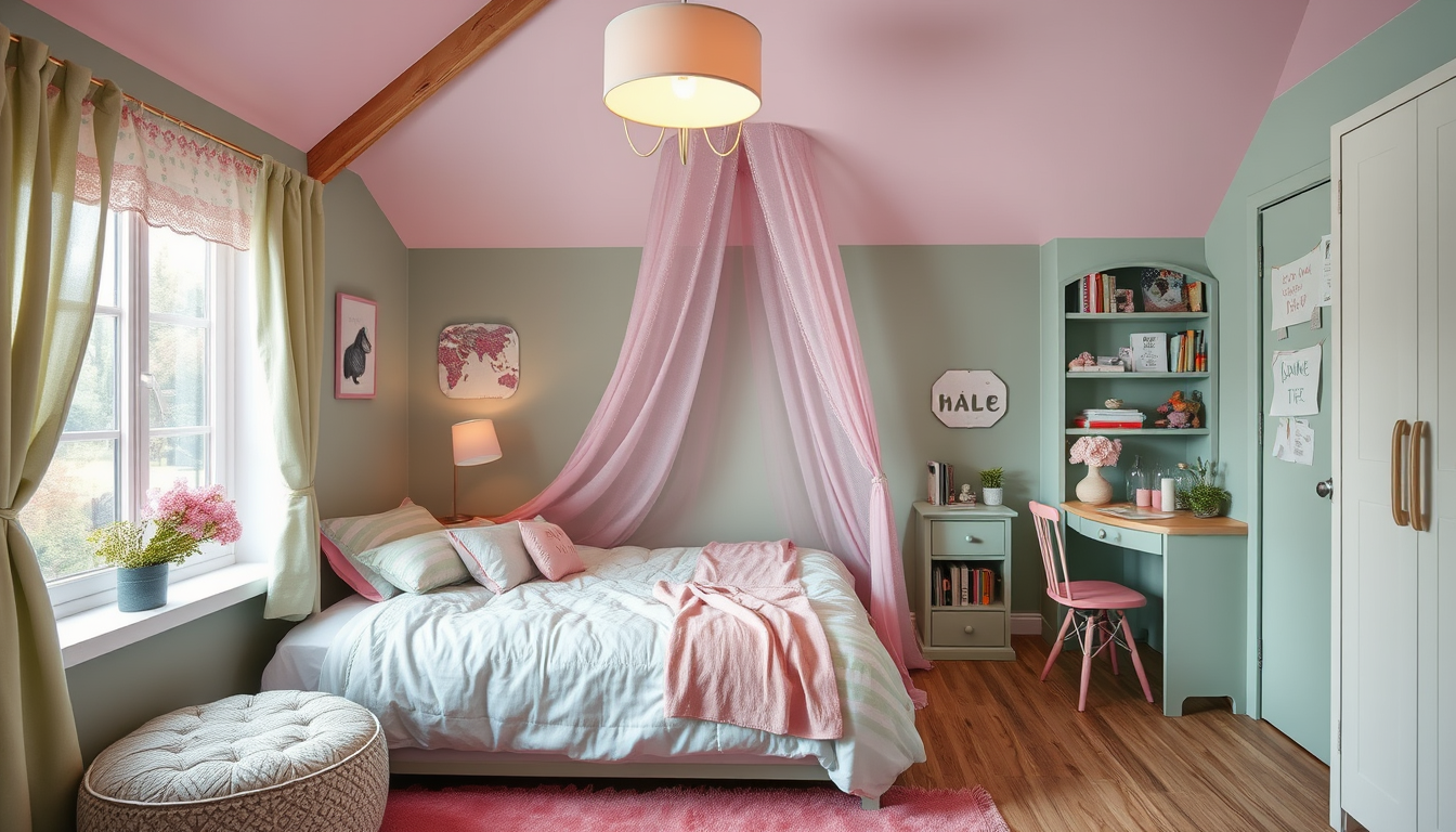 Main art studio: Zimmer typisch für 12 Jahre alte Mädchen mit altrosa, salbeigrün und flieder es hat ein Himmelbett und ist groß hat Bücher es hat einen großen Sitzsac