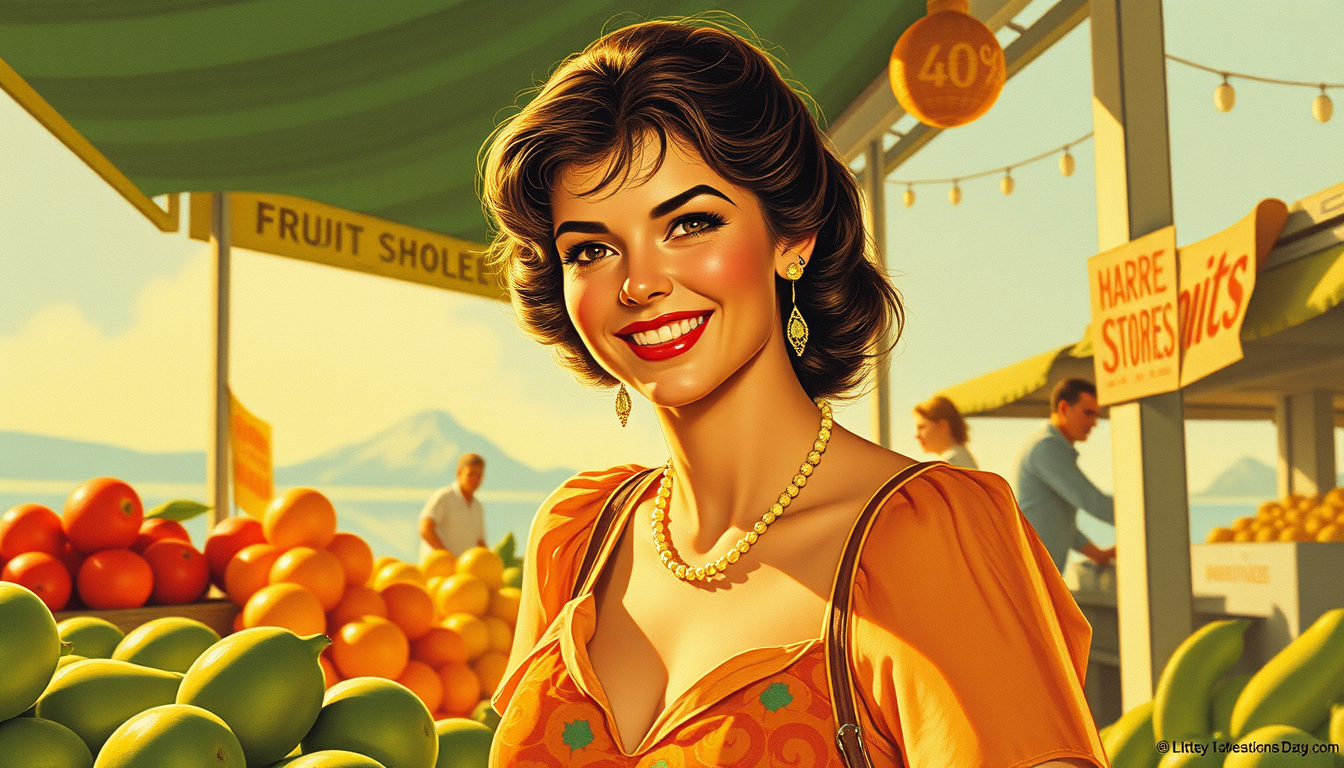 Main art studio: 1970s vintage pulp art, woman, at a market, choosing fruits, sunny smile, close-up, vintage pulp art, by Earle K. Bergey, by Kelly Freas, by Alex Scho