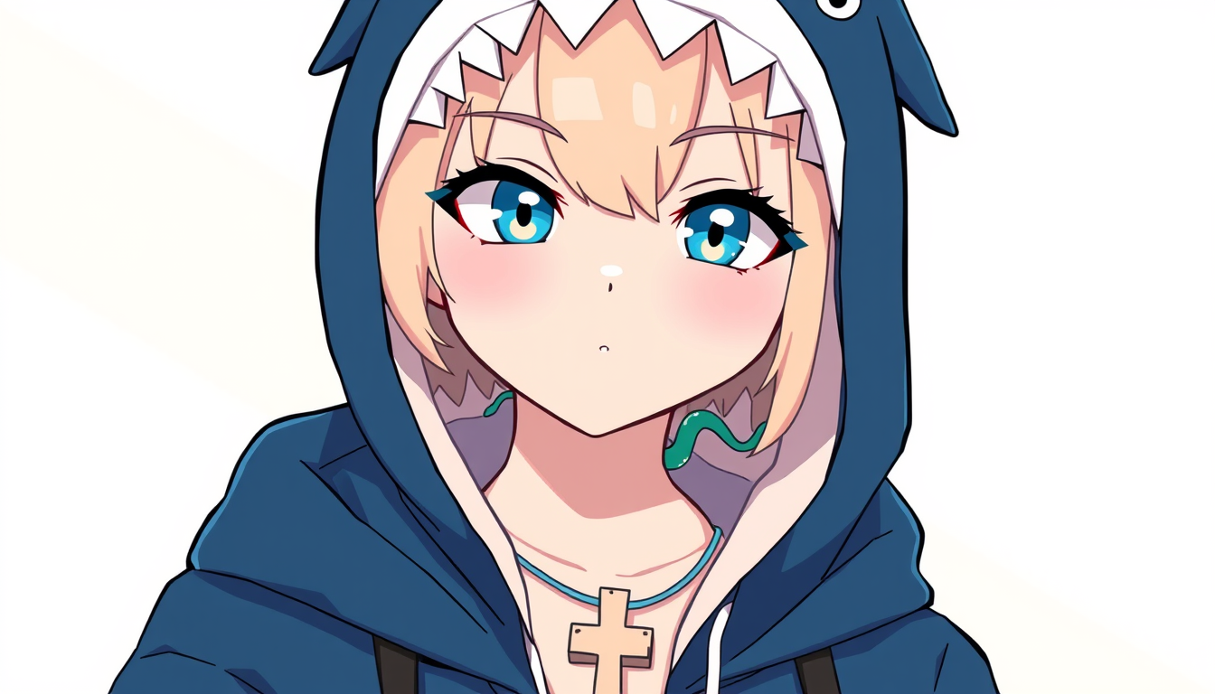 VTuber idea: vtuber avatar character, anime style, expressive face, streaming-ready design, Make a amle vtuber with a cross necklace and a shark hoodie that cute a