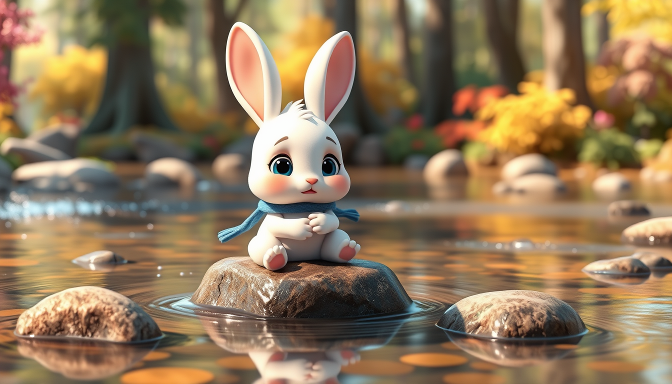 Main art studio: Cute white baby bunny with blue scarf sitting safely on a small rock in a shallow stream, looking worried and raising one paw for help. Colorful fores