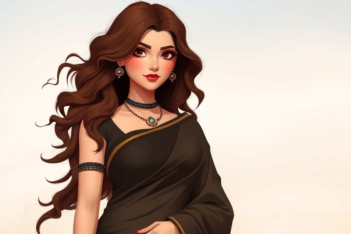 Main art studio: Create an female character wearing black saree with large breast and have long brown color hair wavy style