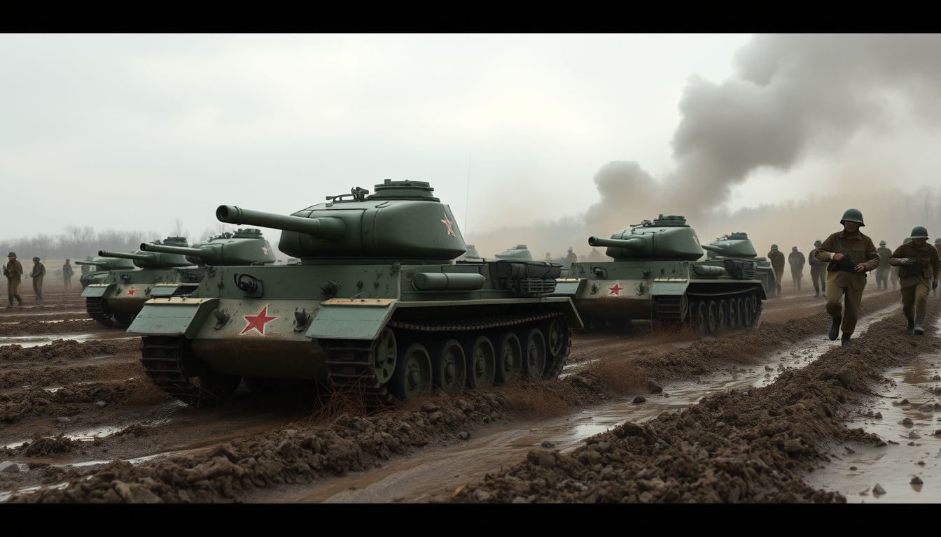 Main art studio: Cinematic stylized 3D animated historical documentary, Soviet Red Army offensive toward Berlin in April 1945, several historically accurate T-34-85 me