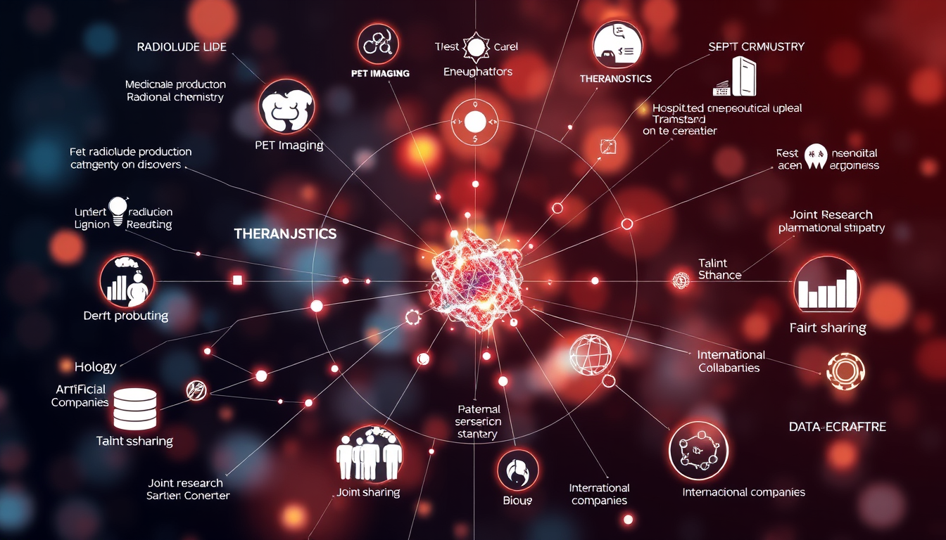 Main art studio: Abstract scientific ecosystem centered around radiopharmaceutical drug discovery. A glowing molecular core in the center connected by elegant network