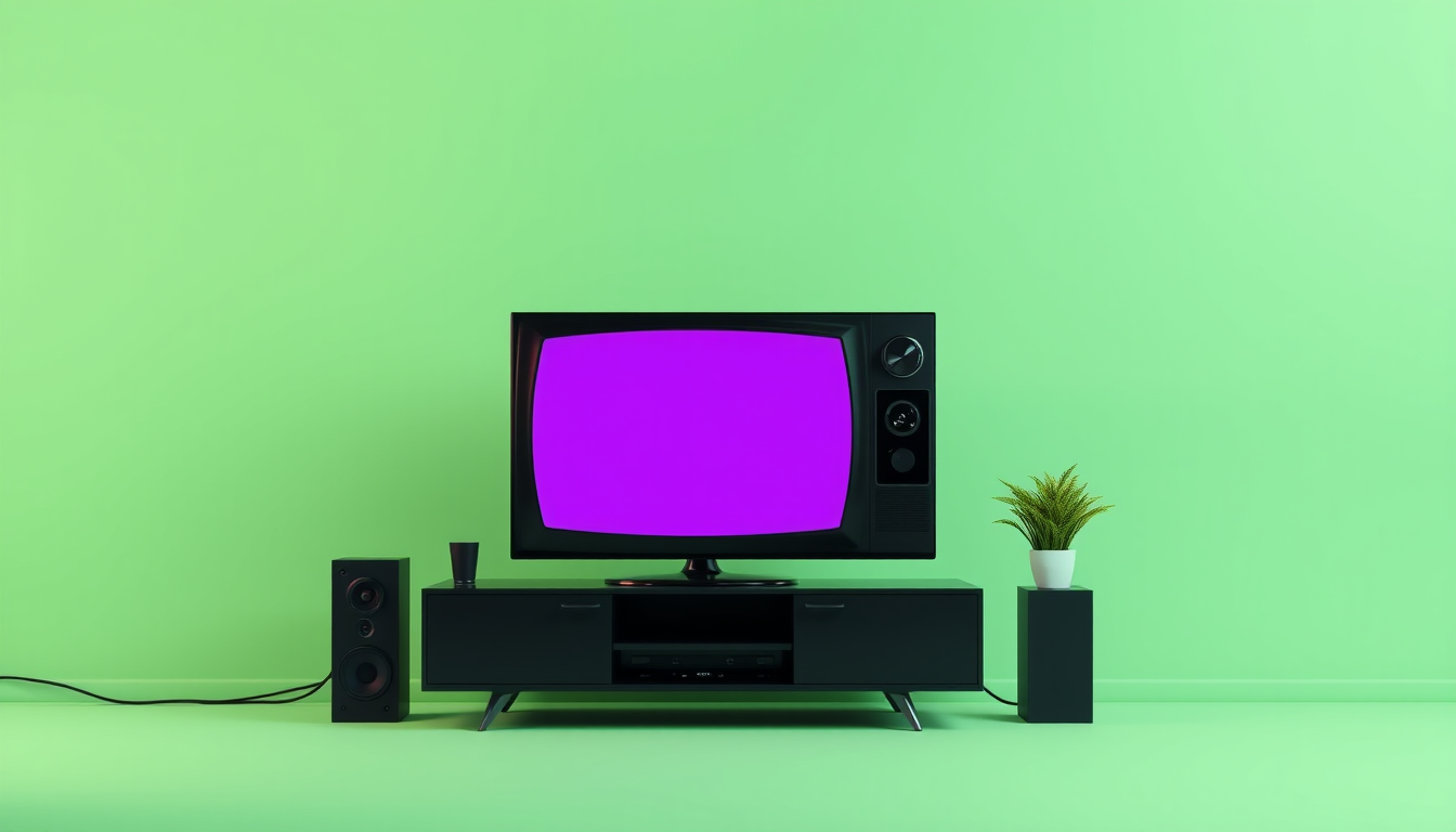 Main art studio: Tv with purple screen add a body for the tv with a black suit