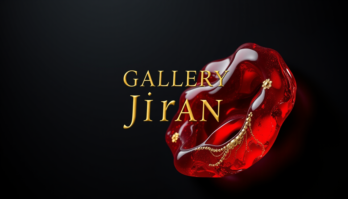 Main art studio: Luxury logo profile for "Gallery Resin Jiran", elegant resin art style, deep red velvet texture, glossy transparent resin, raised 3D texture, gold det