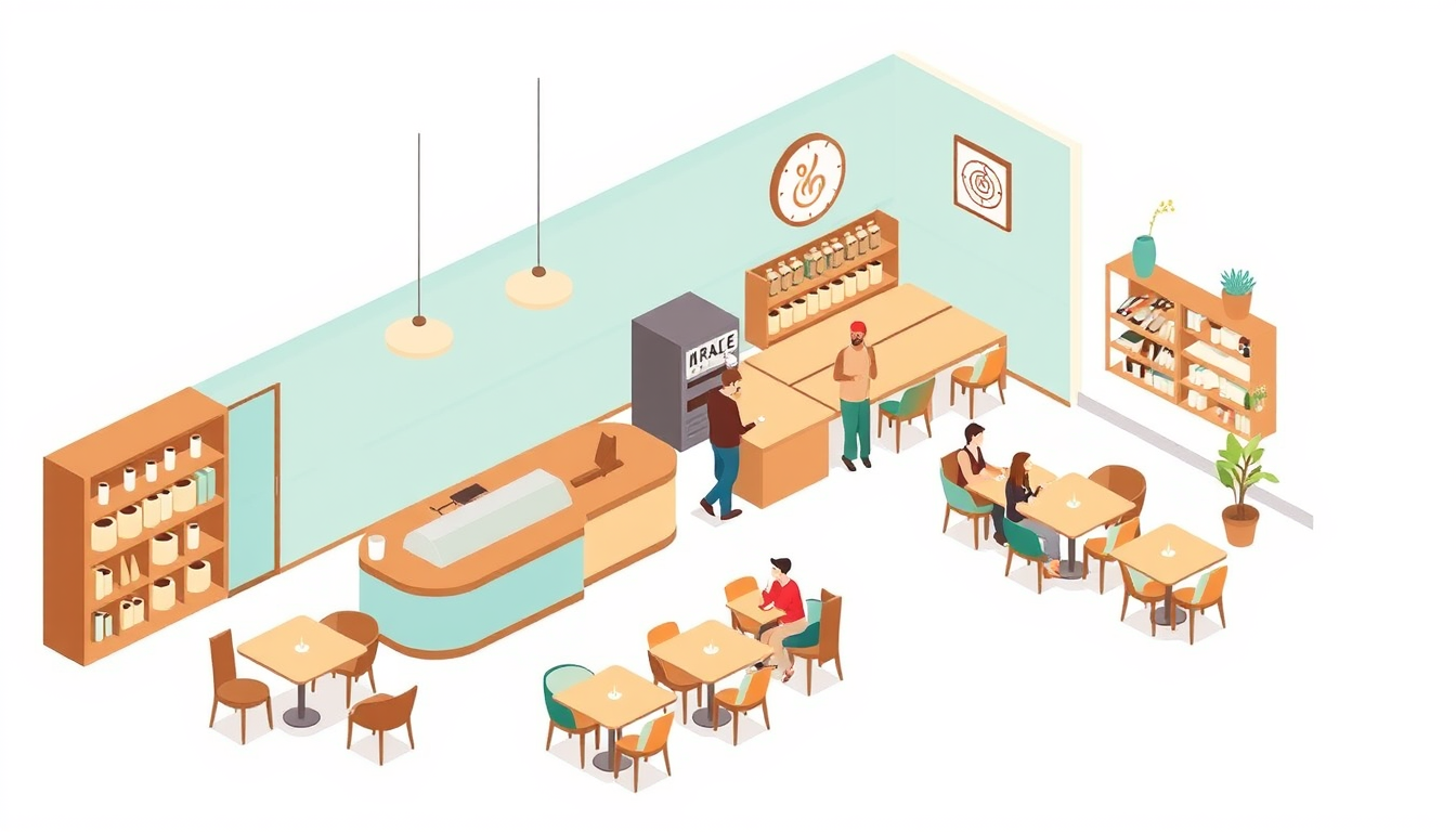 Vector Art idea: vector art illustration, clean flat shapes, bold solid colors, crisp edges, Create a isometric 3D style illustration on the theme of "Coffee Shop Inte