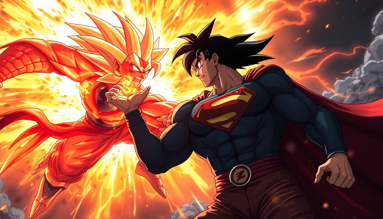 Main art studio: Goku ssj pelea do contra Superman en medio de eun volcán