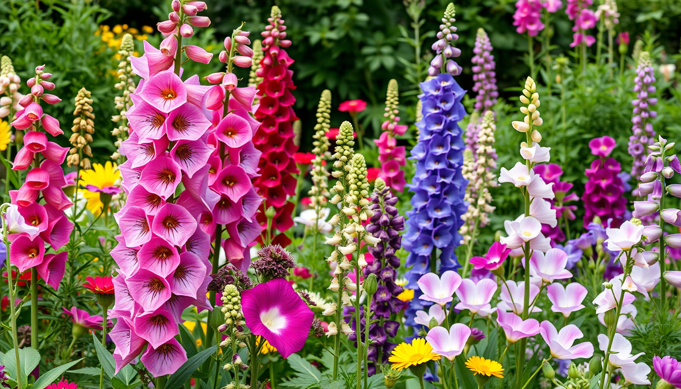 AI Art prompt example created from the prompt: generate an image of an English garden flowerbed with Delphimiums, foxgloves, Stock , Snapdragons and Sweet peas
