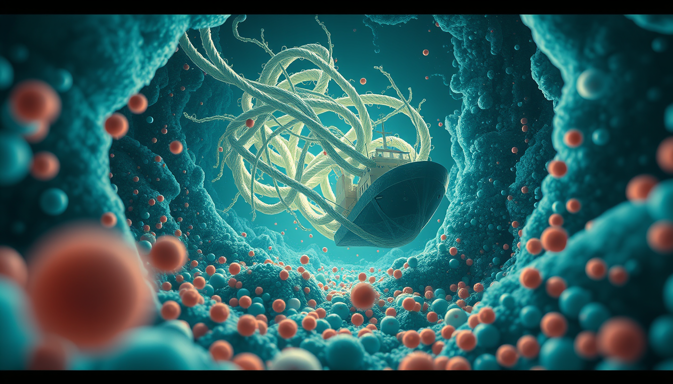 AI Art prompt example created from the prompt: | 15 | 00:56 | 01:00 | 015_00m56s-01m00s | A tangled fiber bundle arriving in the colon like a cargo ship entering a busy microscopic harbor