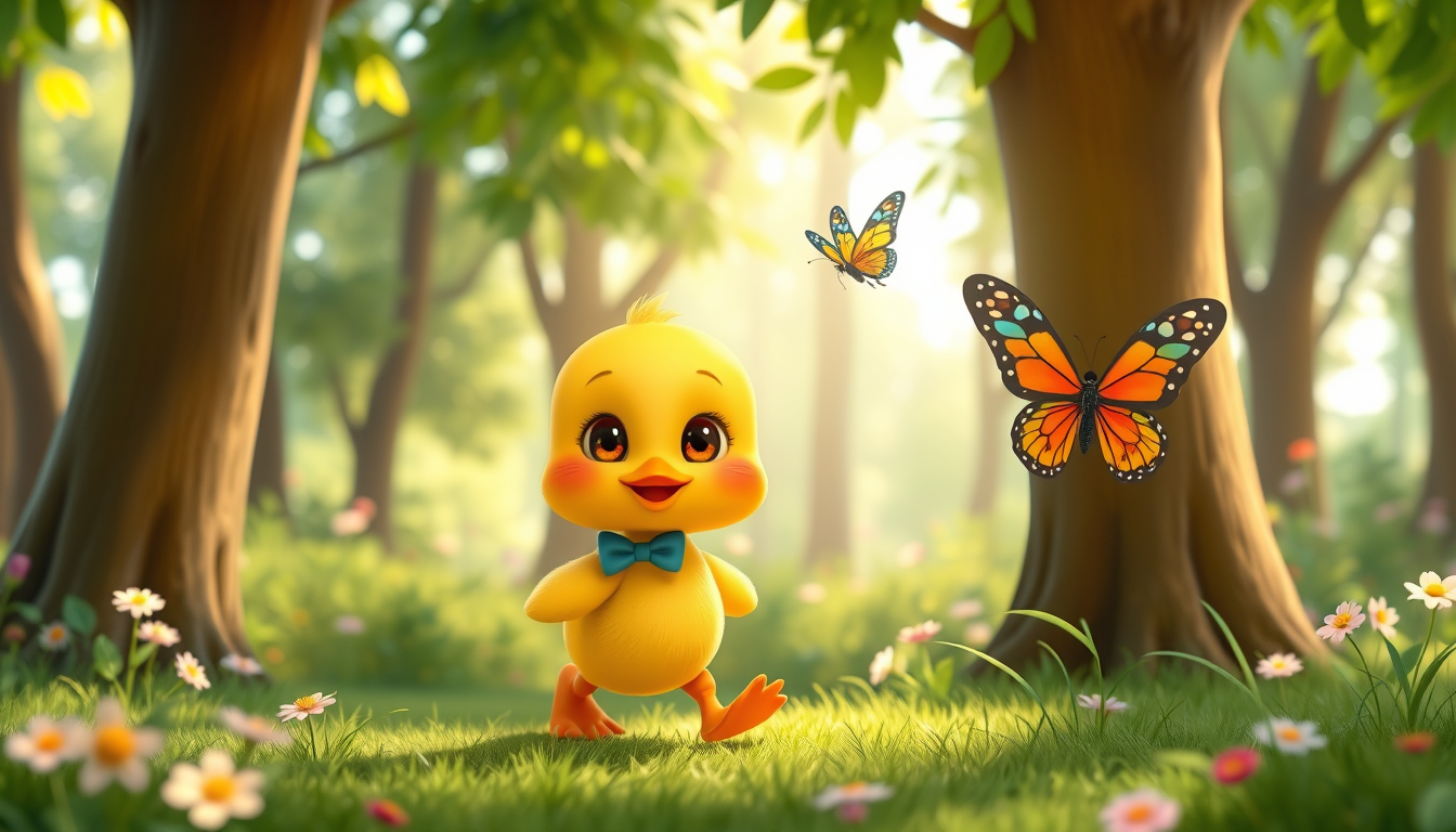 Main art studio: The same cute little yellow duckling with round cheeks, big shiny brown eyes, a tiny orange beak, and tiny orange feet, wearing a small blue bow tie,