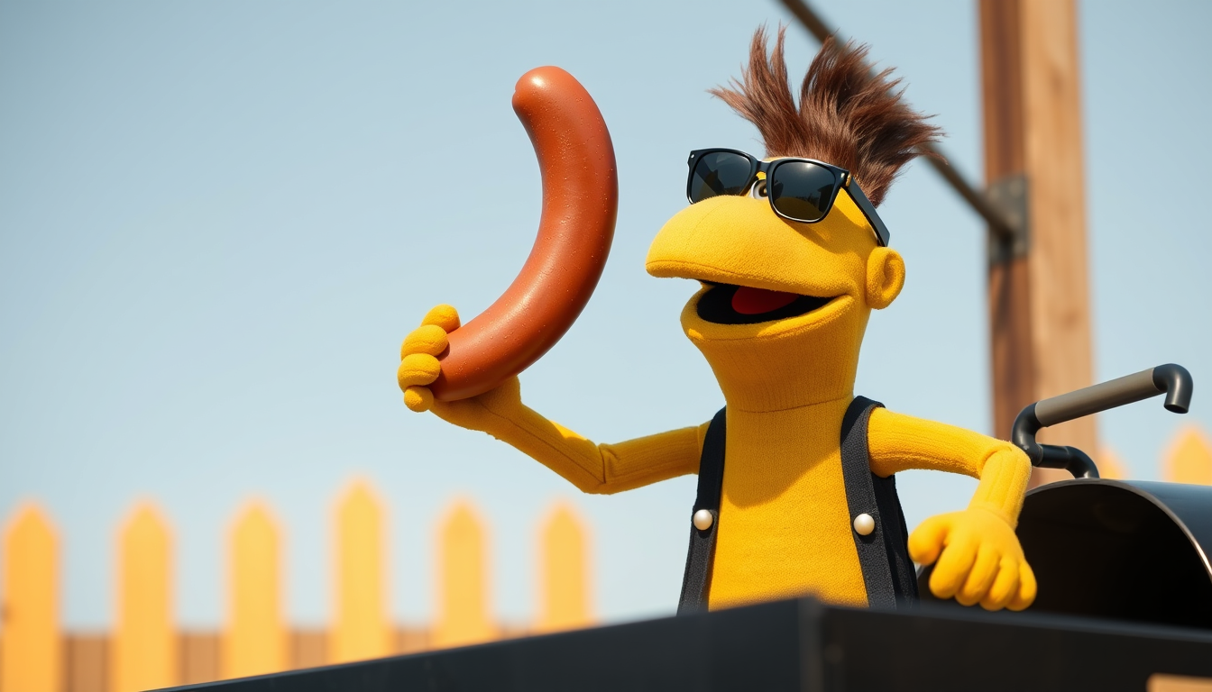 Main art studio: Create an image featuring Flat Eric—specifically, the puppet by the music track flat beat. He is wearing sunglasses, standing at the grill, and flippi