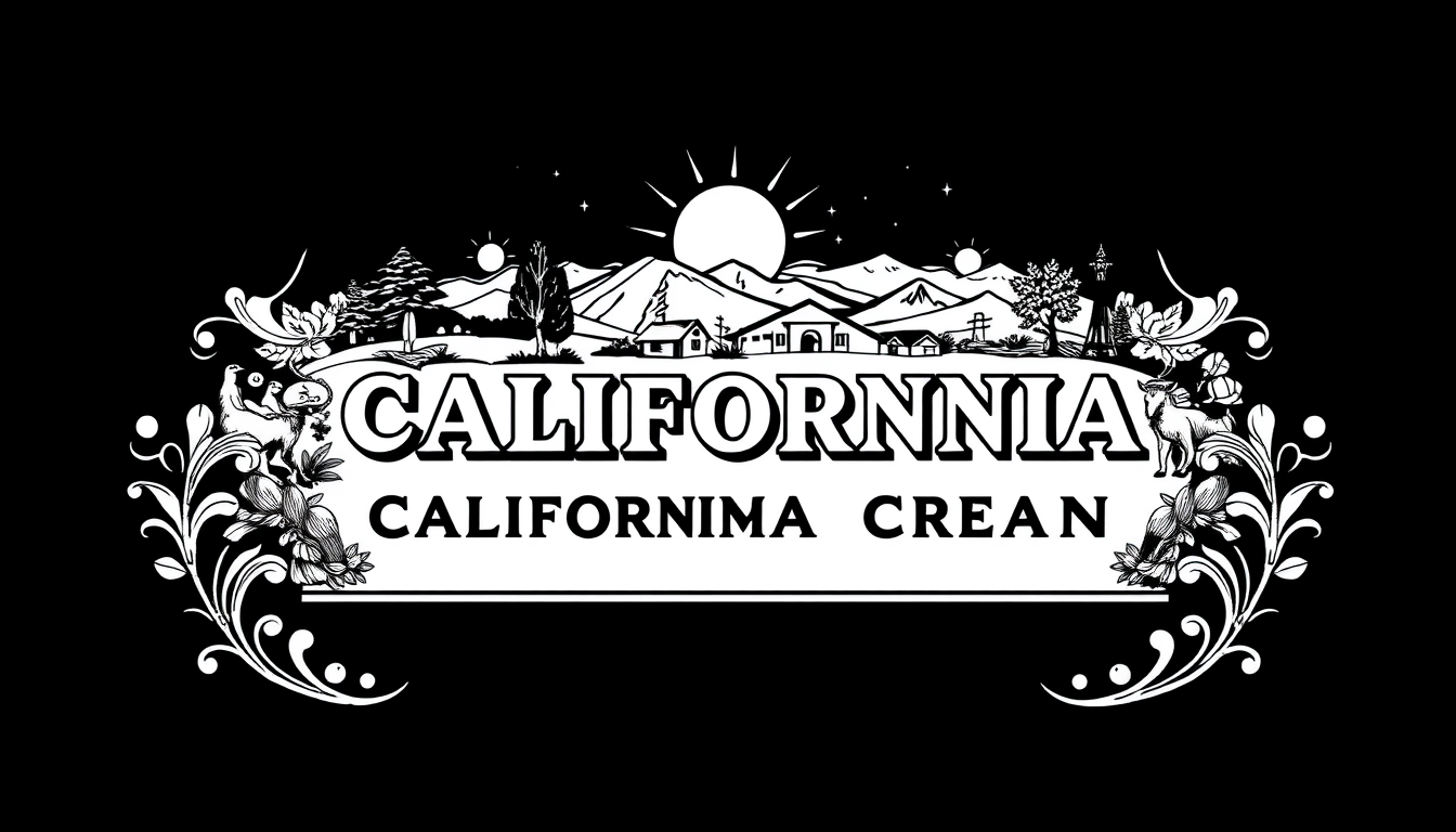 Main art studio: a simple 19. century black and white label. one by one inch. a complex graphic that shows typical california landscape and things. name of the product