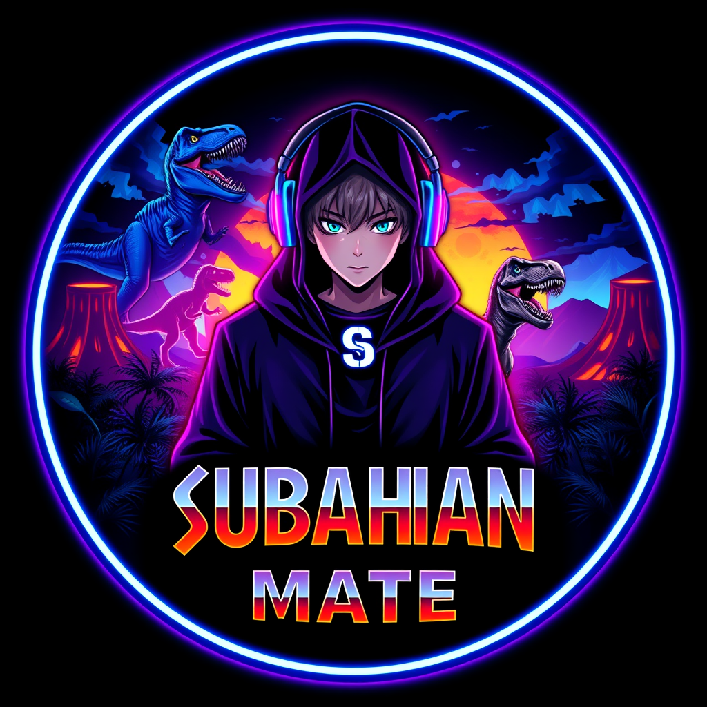 AI Art prompt example created from the prompt: Create an epic circular gaming logo for "SUBAHAN MATE". Show an anime-style gamer wearing a black hoodie and glowing headphones with an S sy