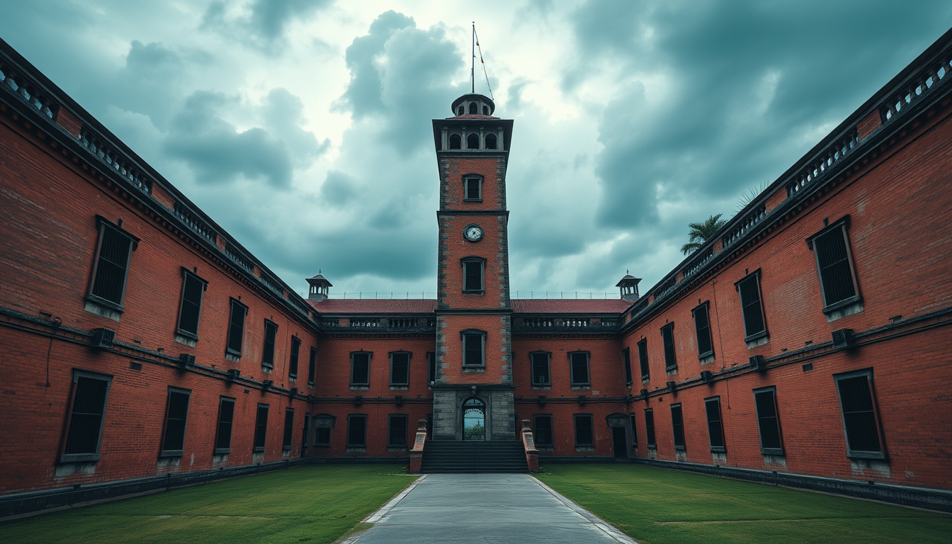 Main art studio: Ultra photorealistic cinematic 4K historical establishing shot of Cellular Jail in Port Blair, Andaman Islands, during the British colonial era, massi