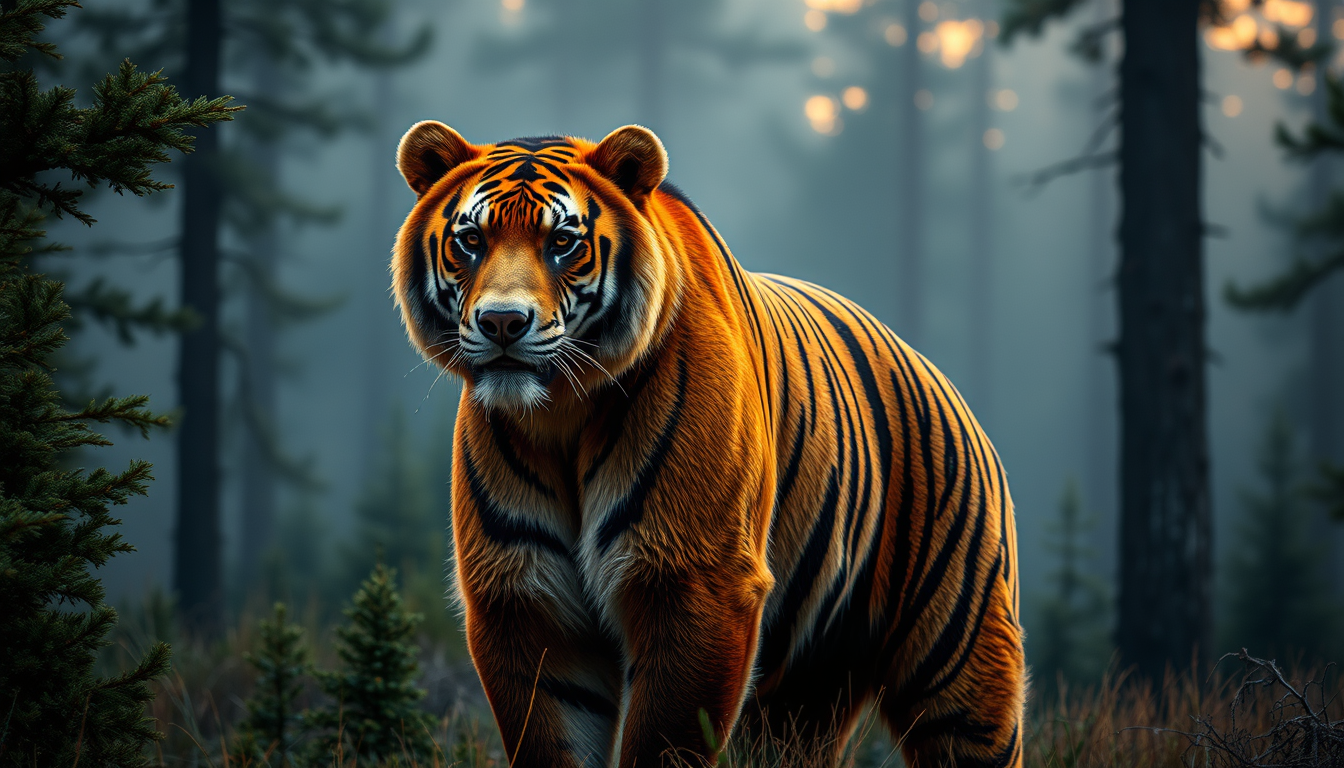 AI Art prompt example created from the prompt: A photorealistic brown bear with the fur pattern of a Bengal tiger. The bear keeps its natural anatomy and face, but its fur is vivid orange