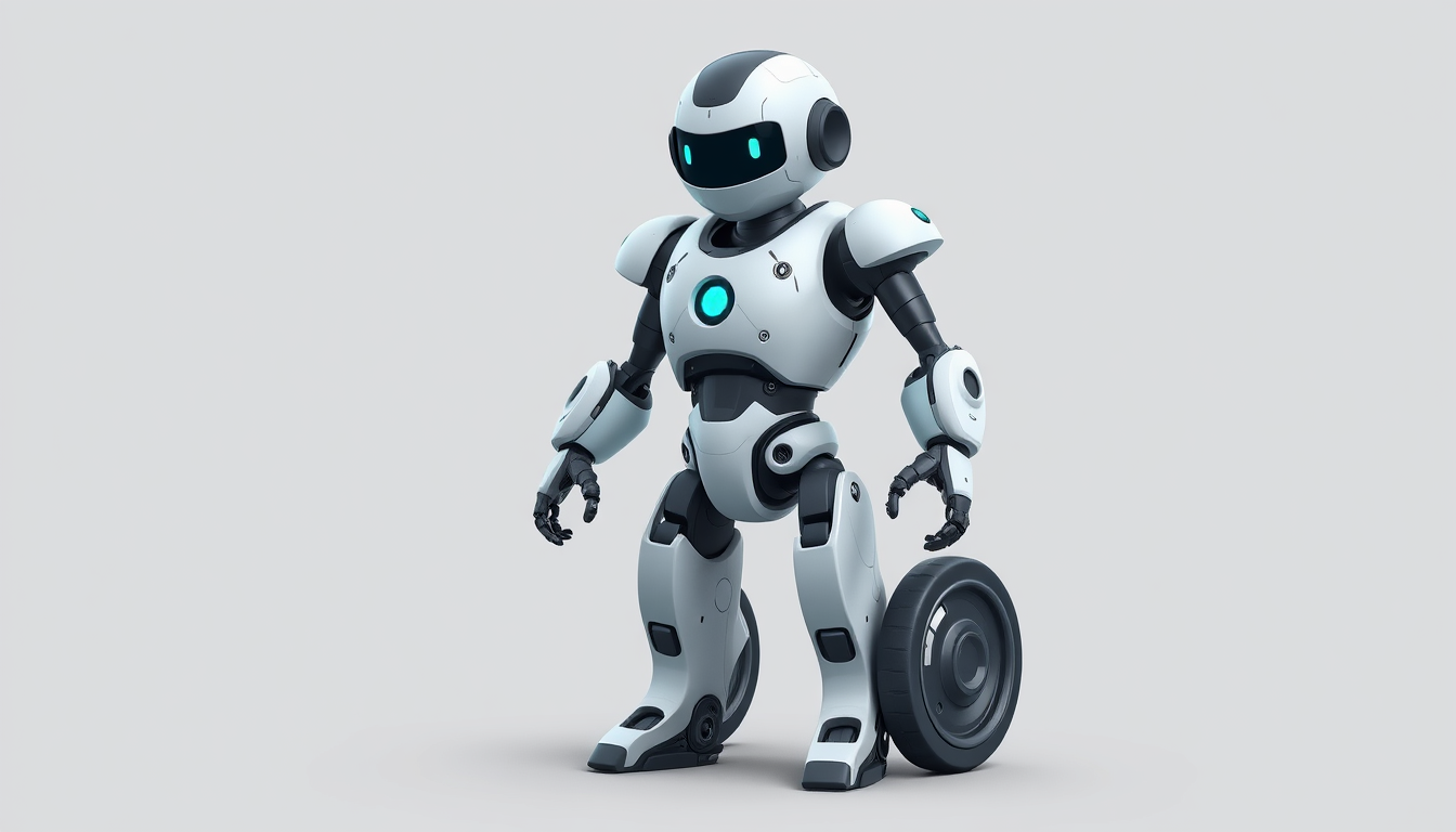 Main art studio: Stylish futuristic male robot for a simple 3D game. Medium height, slim balanced body, smooth rounded multi-part metal design. One wheel instead of le