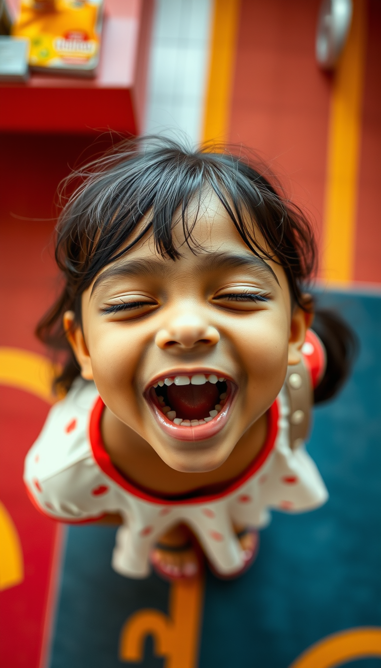 Main art studio: 10 year old indian girl standing on mcdonalds carpet with mouth open wide and head tilted back and eyes closed, angle from above girl
