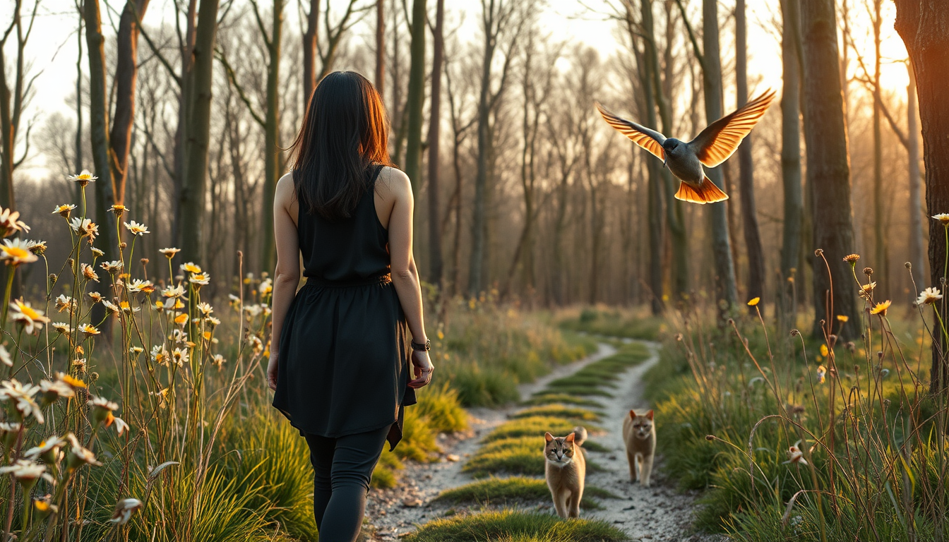 Main art studio: das bild zeigt einen tannenwald mit einem weg. am wegrand sind heilpflanzen. schmetterlinge fliegen bei den pflanzen. es geht eine stämmige frau den w