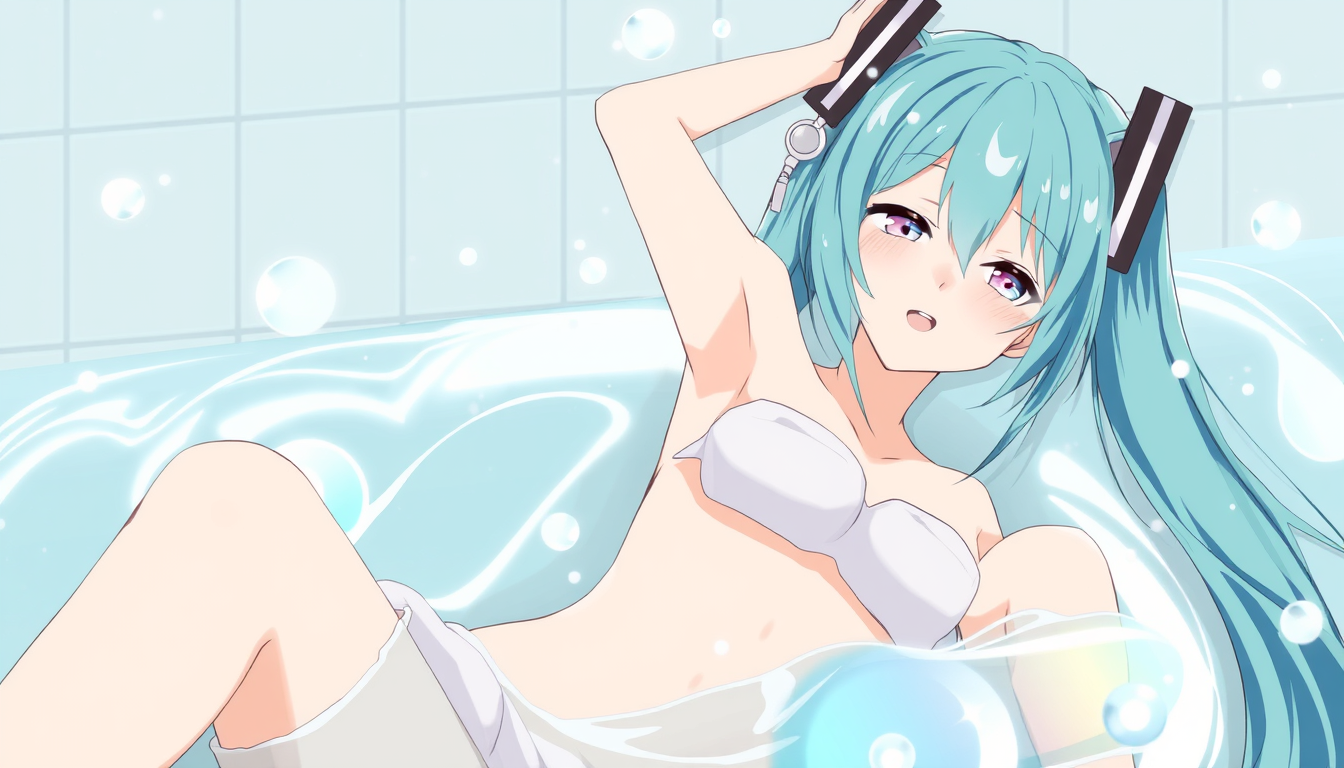 Main art studio: Miku avec sa serviette de bain qui tombe et on la voit nue