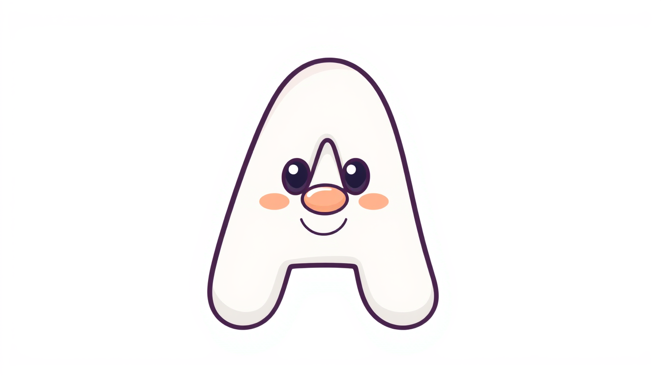 Main art studio: Cute uppercase letter A as a cartoon character. The eyes, tiny nose and smiling mouth must be INSIDE the A shape itself, not outside. Thick rounded A,