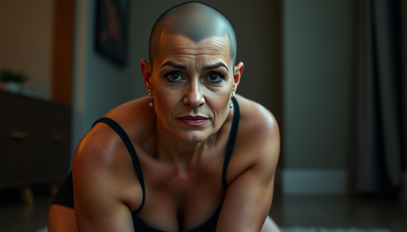 AI Art prompt example created from the prompt: A middle-aged adult woman with a moderately curvy build, natural facial wrinkles, dark black eyes, and full lips. She has a completely shave