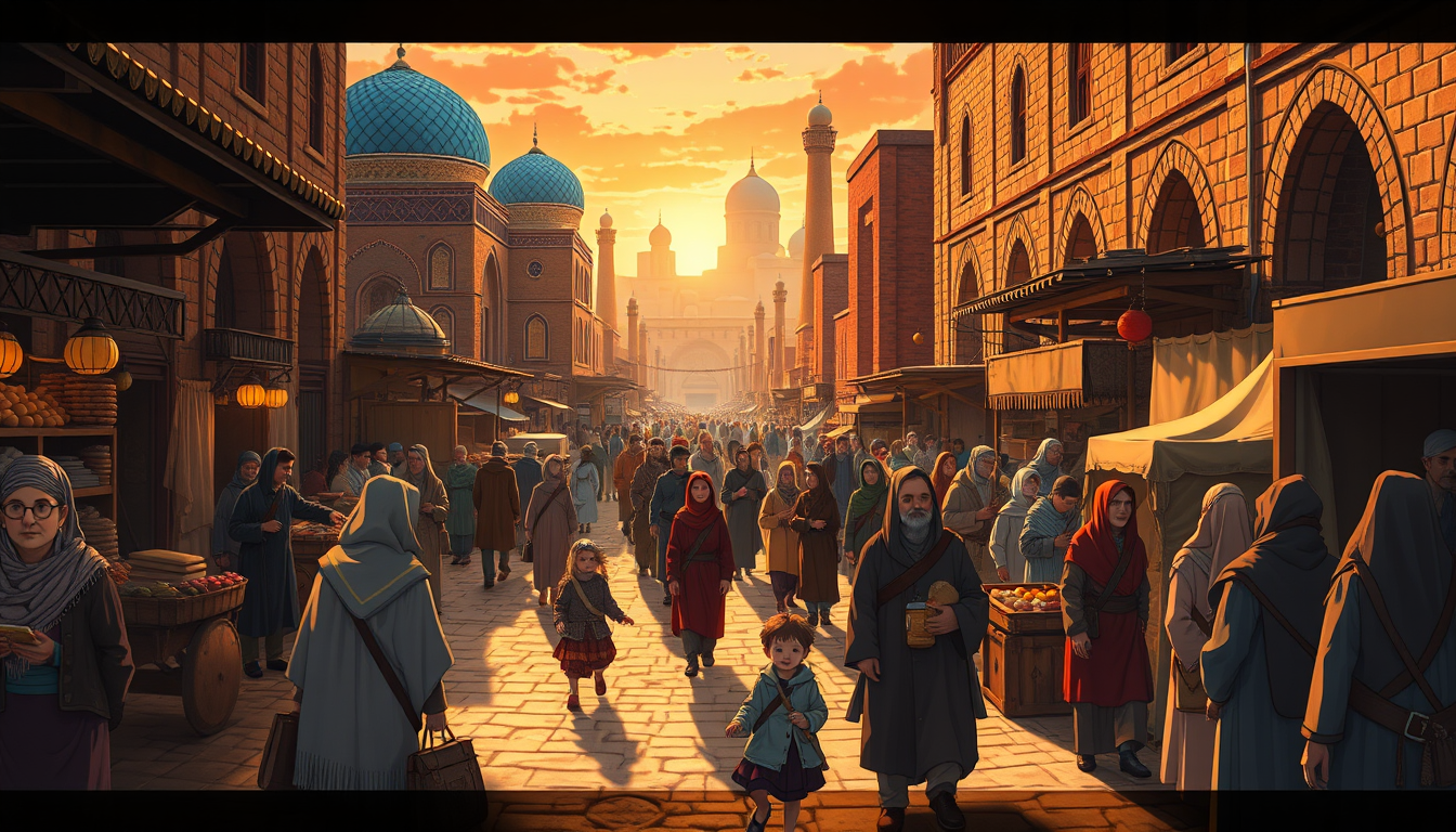 AI Art prompt example created from the prompt: Medieval Samarkand bazaar, many ordinary Uzbek people, busy marketplace, traditional clothes, old brick buildings, bread sellers, fruit sell