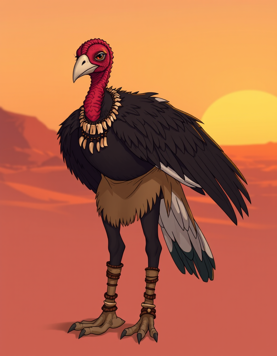 Main art studio: Furry OC, Anthro turkey vulture character, young tribal femboy, slender lithe humanoid femboy build and proportions, thin dark brown-black body plumag