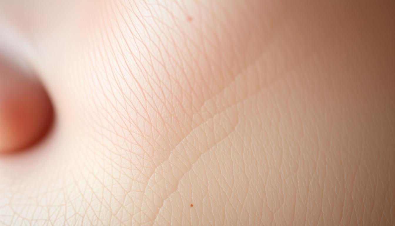 Main art studio: Extreme macro of human skin texture in soft white light, minimal aesthetic, shallow depth of field, wellness mood, clean medical style, high detail, u