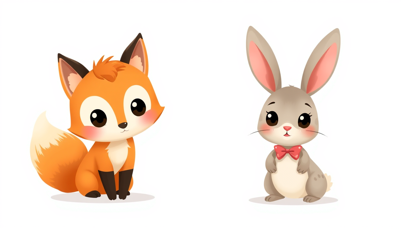 AI Art prompt example created from the prompt: Louis is a small cute fox with a round face, big friendly eyes, pointy ears and a large fluffy tail. Mila is a small cute bunny with long ea