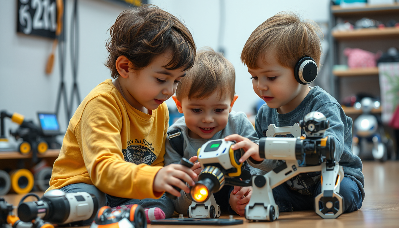 AI Art prompt example created from the prompt: fais moi une photo avec plein d'objet robotiques et des enfants qui joue avec et en plein milieu tu met techno