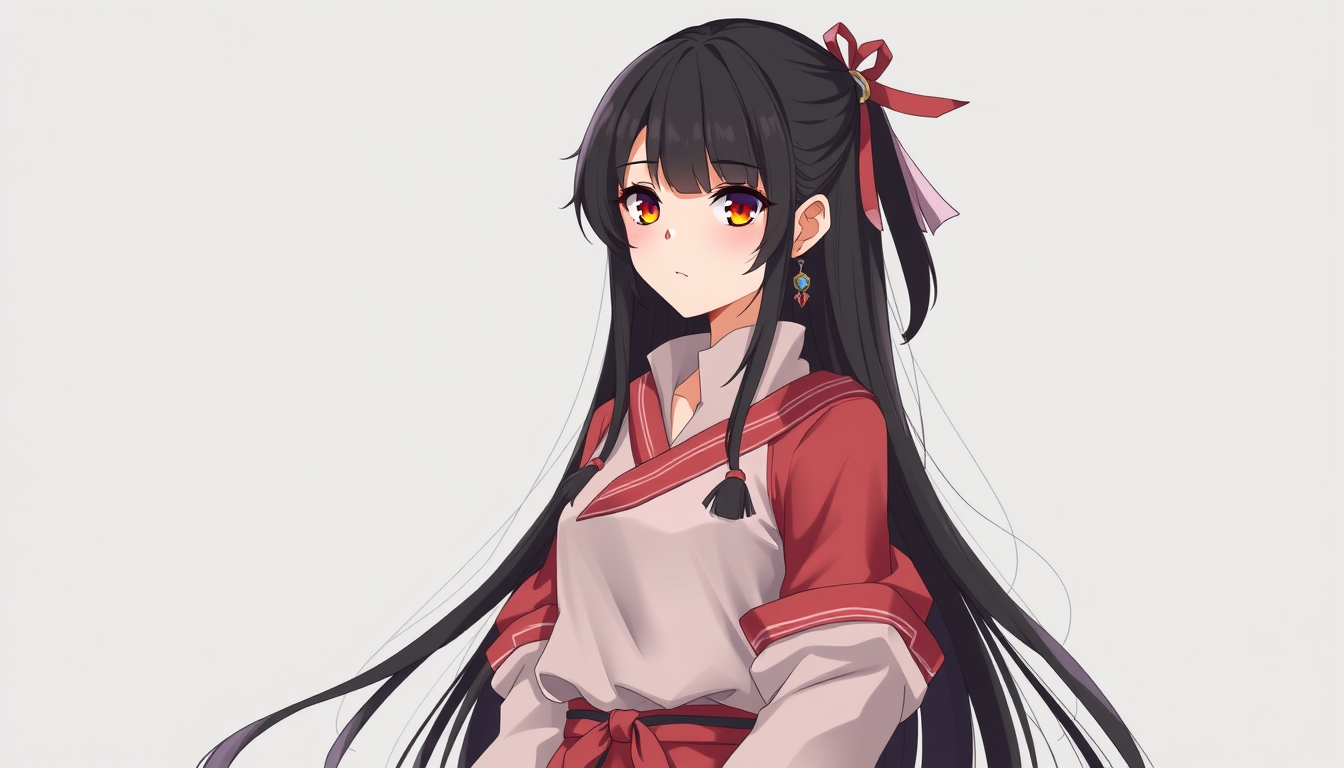 Characters idea: original character design, detailed outfit and accessories, expressive personality, A girl with long black hair, 158 cm tall and weighing 50 kg, with