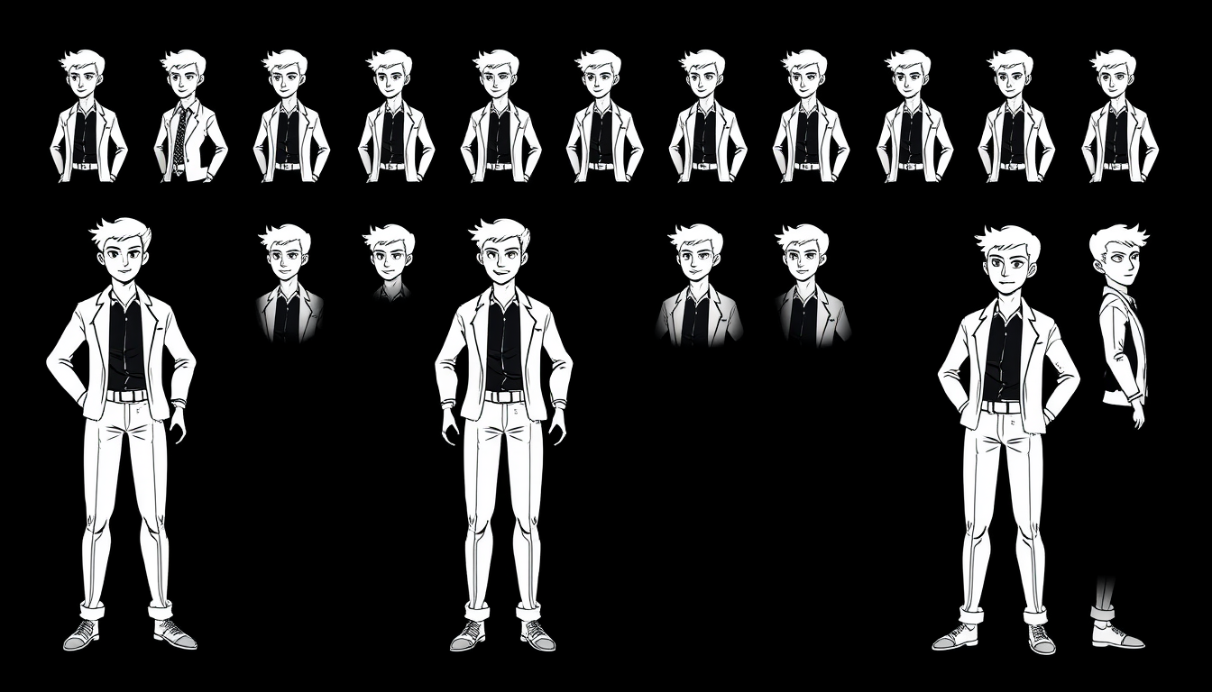 Sprite Sheet idea created from the prompt: a grid of animation frames sharing one character, scale, palette, and camera angle, deliberate composition, Create a handsome man using only