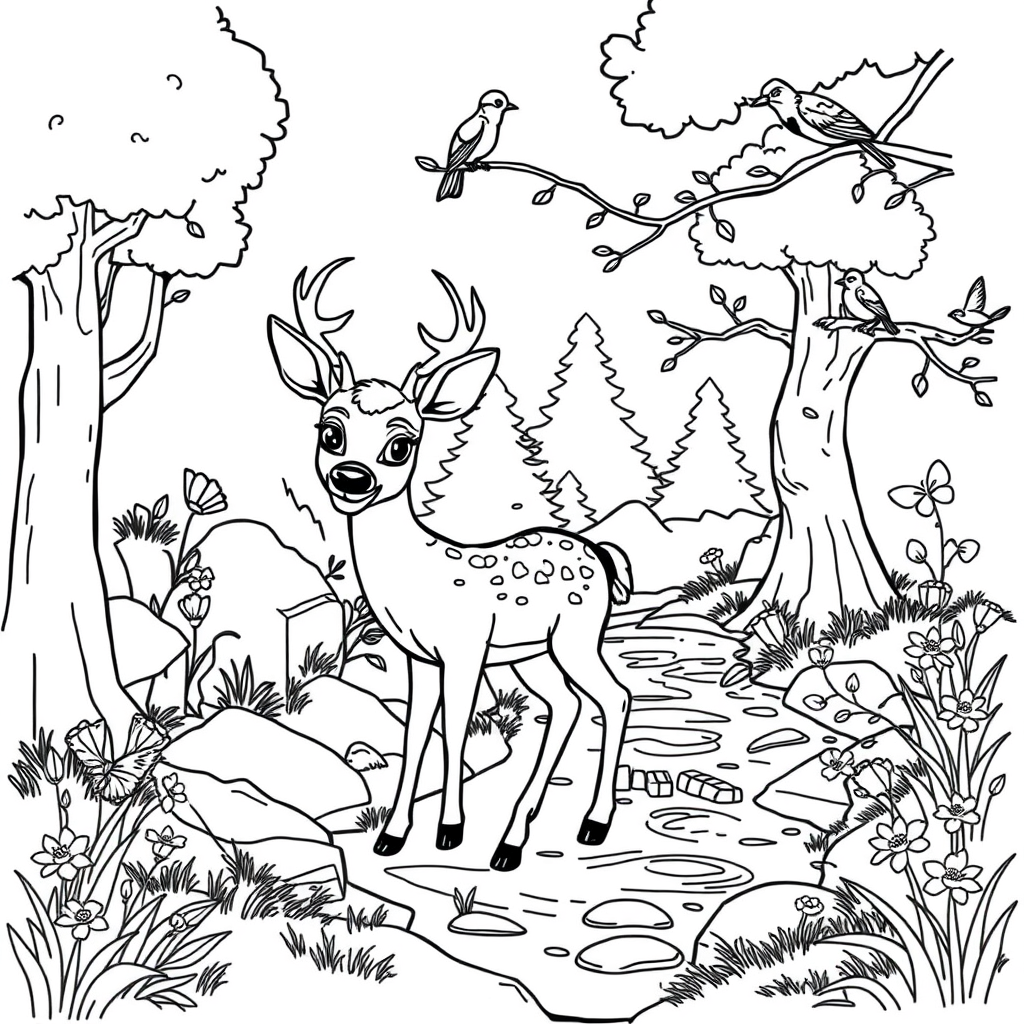 Main art studio: A friendly young deer standing beside a small forest stream. Trees, rocks, flowers, grass and butterflies surround the deer. A few birds are sitting o