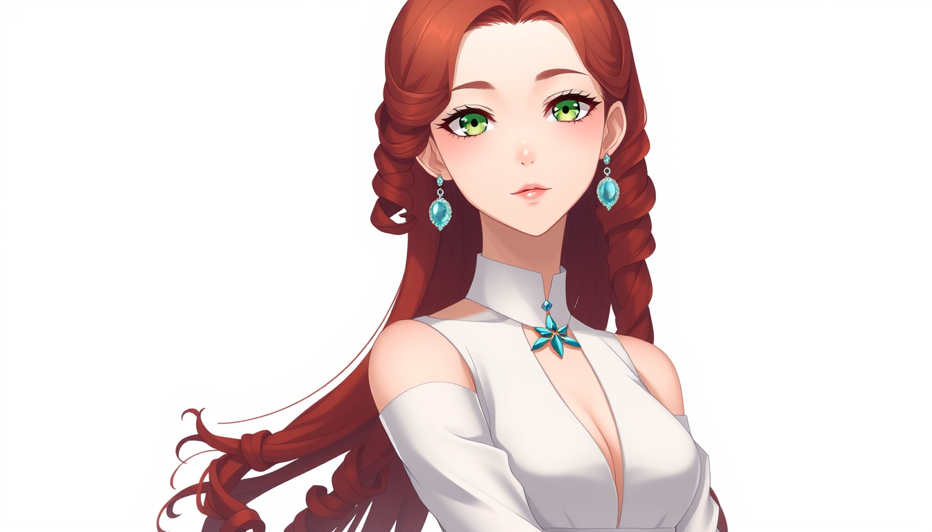 AI Art prompt example created from the prompt: Adult anime woman, refined Type-Moon-inspired character design. Waist-length red corkscrew ringlet hair, seafoam-green eyes. She wears a ref