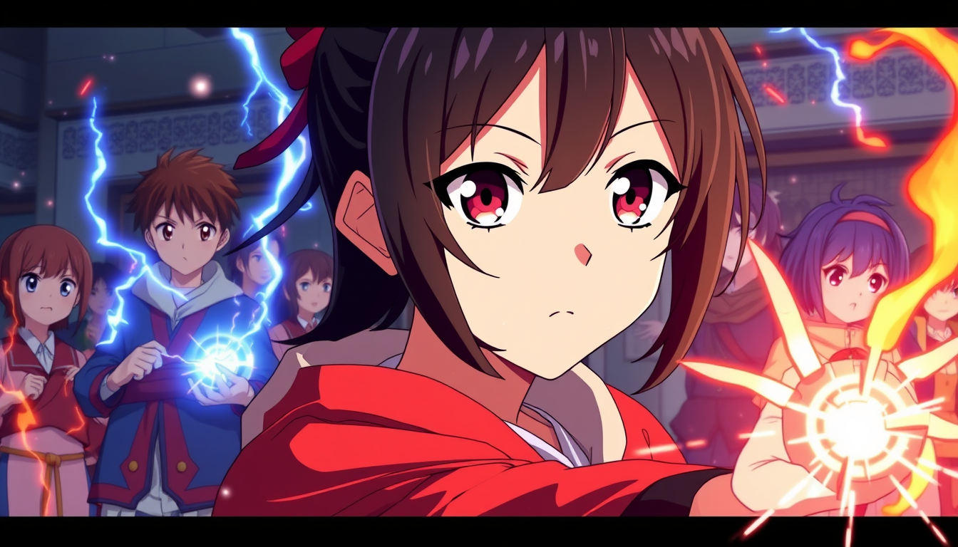 Anime idea: anime style, vibrant colors, expressive eyes, Anime school with students using fire, lightning, ice and other superpowers. Aiko, a 15-year-old girl wi