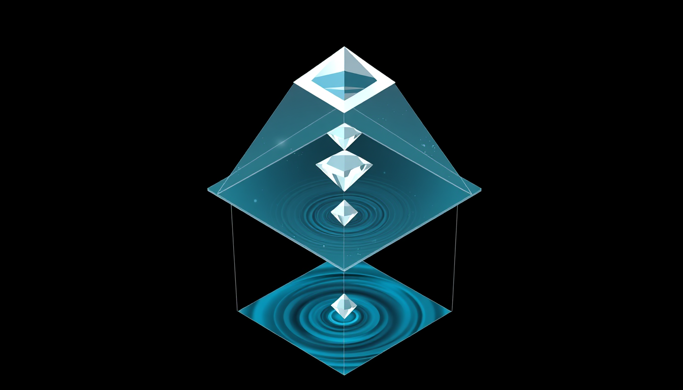 Main art studio: 3D cross-section blueprint, black background. One four-sided quartz double-pyramid. Lower pyramid is inverted deep in a subterranean water cavity. Thr
