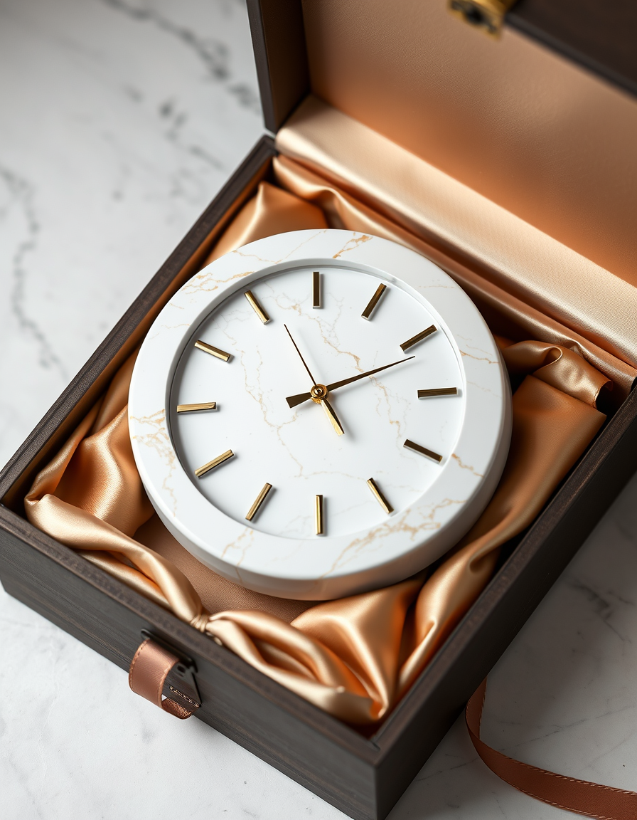 Main art studio: Luxury handmade resin marble clock on an MDF base, white marble effect with subtle gold veins, elegant gold hands, glossy finish, beautifully placed i