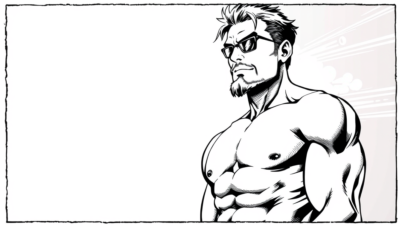 Manga idea created from the prompt: manga panel, black-and-white ink, screentone shading, expressive line weight, zwei Gay(s)(nackt) mit Sixpack , manga page composition, sharp