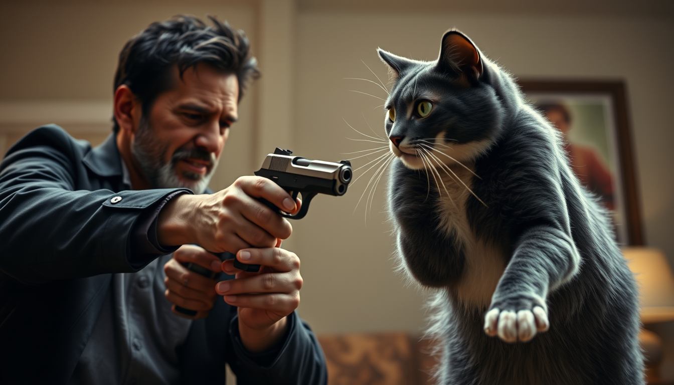 Main art studio: Photorealistic Tuco Salamanca playing a funny hunting game with Loki, a dark gray cat with white face, chest, belly and paws. Loki matches the referen