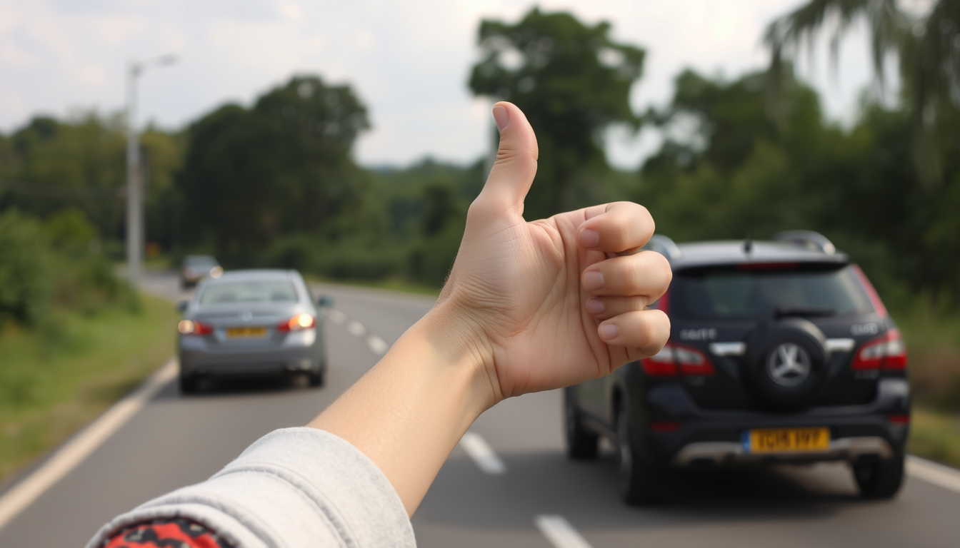 Main art studio: show a realistic right female arm and hand with thumb up. the arm is from the left side on a rural road and cars passing by